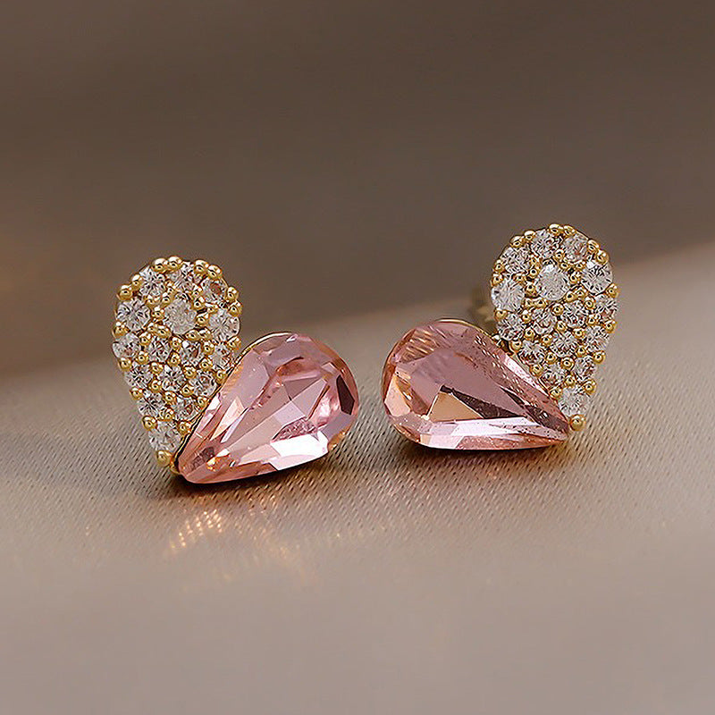 Fashion Pink Heart Crystal Earrings - Minimalist Design Studs for Women