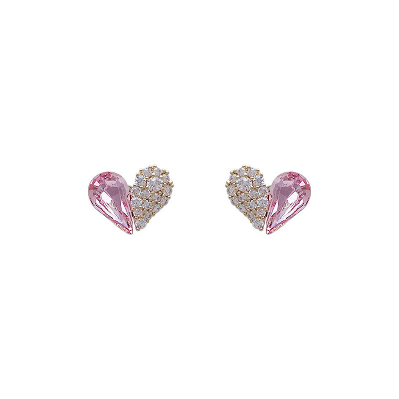 Fashion Pink Heart Crystal Earrings - Minimalist Design Studs for Women