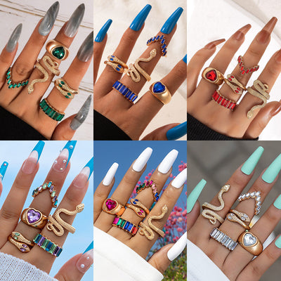Snake Rhinestone Heart Ring Set for Women and Unisex