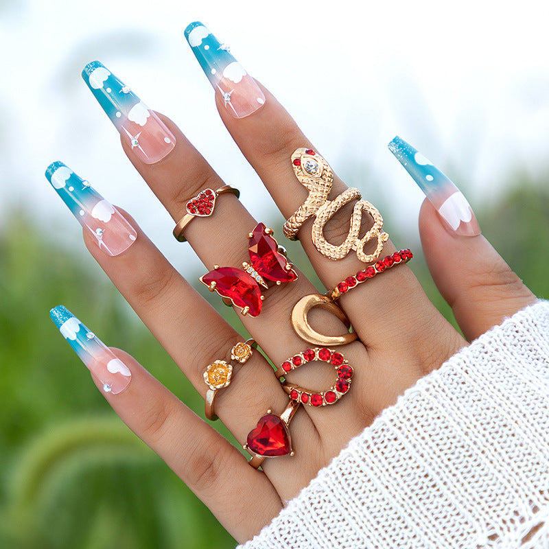 Snake Rhinestone Heart Ring Set for Women and Unisex