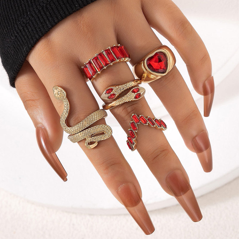Snake Rhinestone Heart Ring Set for Women and Unisex