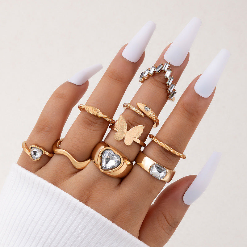 Snake Rhinestone Heart Ring Set for Women and Unisex