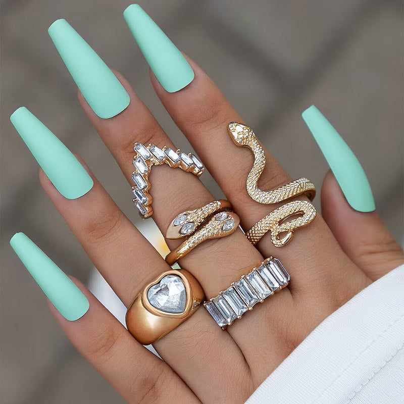 Snake Rhinestone Heart Ring Set for Women and Unisex