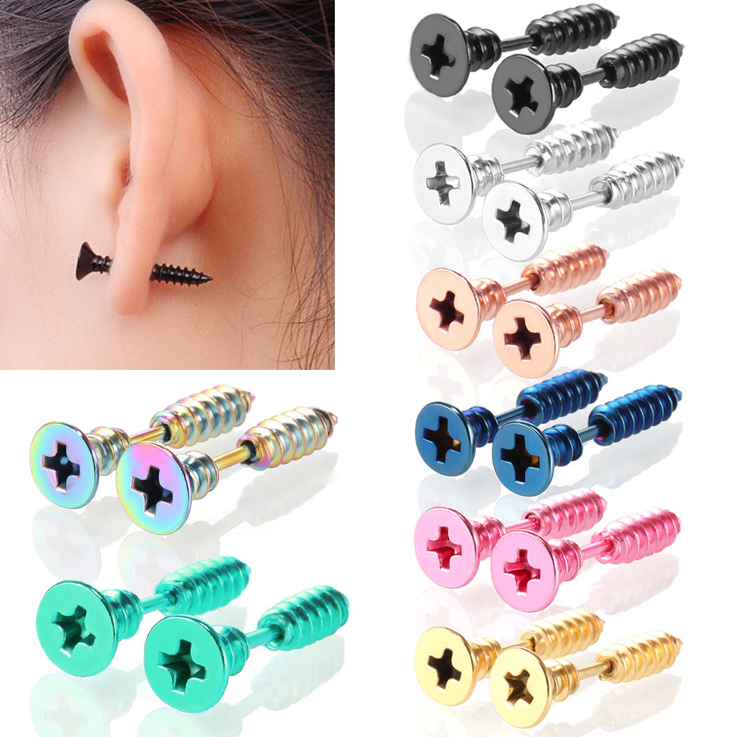 Fashion Stainless Steel Screw Stud Earrings - Double-Sided Unique Design