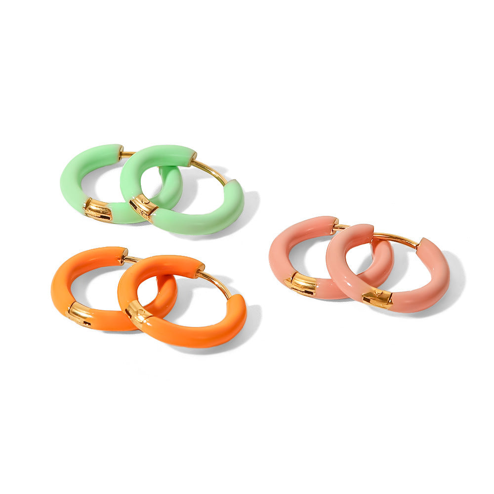 Fashion Enamel Gold Plated Stainless Steel Hoop Earrings in Pastel Colors