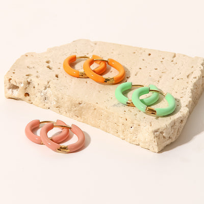 Fashion Enamel Gold Plated Stainless Steel Hoop Earrings in Pastel Colors