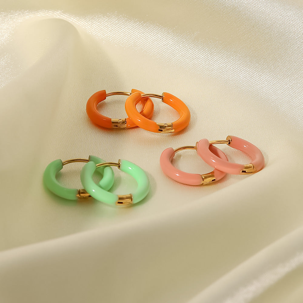 Fashion Enamel Gold Plated Stainless Steel Hoop Earrings in Pastel Colors