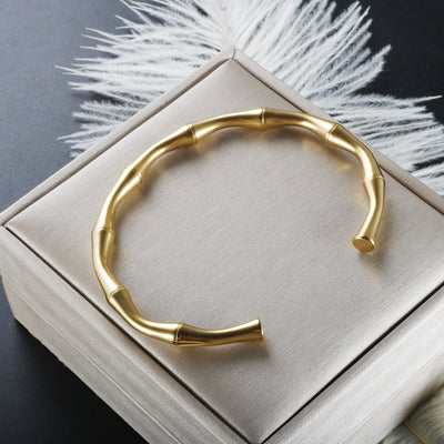 Fashion Minimalist Bamboo Design Gold-Plated Titanium Steel Bangle Bracelet for Women