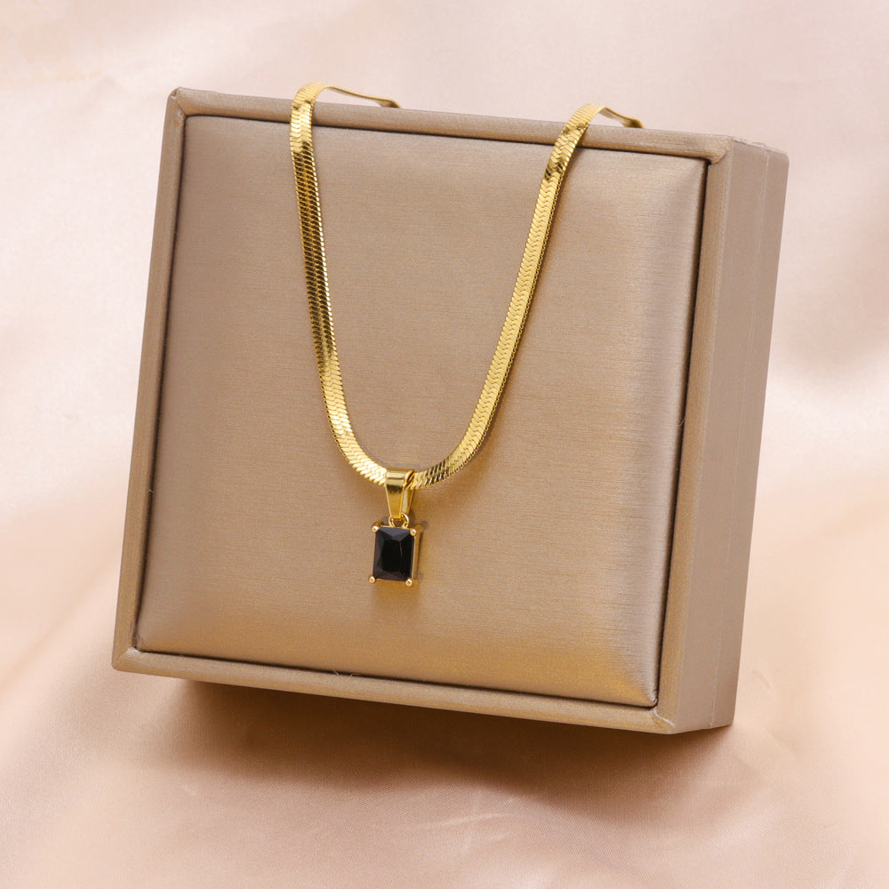18K Gold Plated Stainless Steel Zircon Square Pendant Necklace