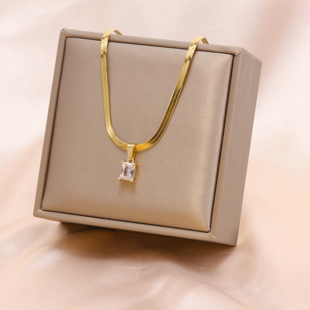 18K Gold Plated Stainless Steel Zircon Square Pendant Necklace