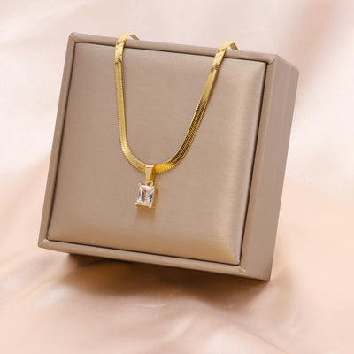 18K Gold Plated Stainless Steel Zircon Square Pendant Necklace