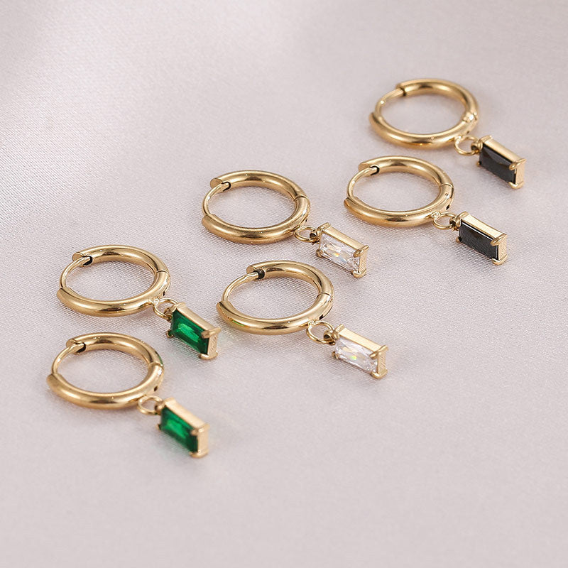 Emerald Zircon Rectangular Pendant Titanium Steel 18K Gold Earrings for Women