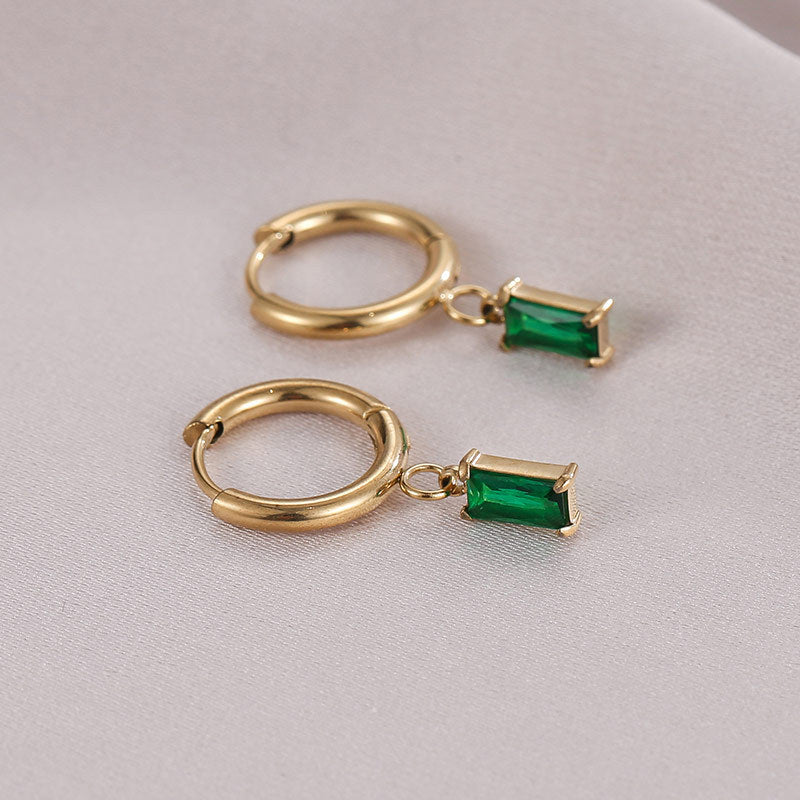 Emerald Zircon Rectangular Pendant Titanium Steel 18K Gold Earrings for Women
