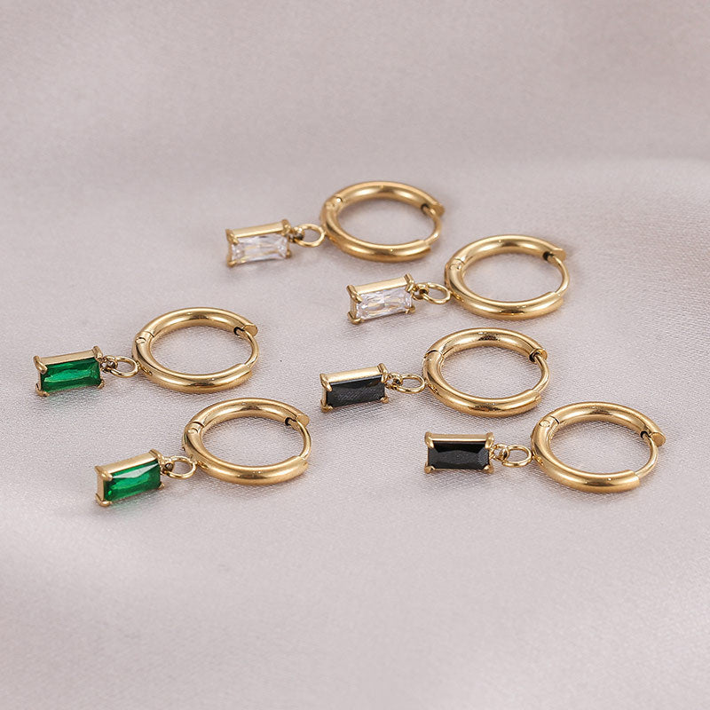 Emerald Zircon Rectangular Pendant Titanium Steel 18K Gold Earrings for Women