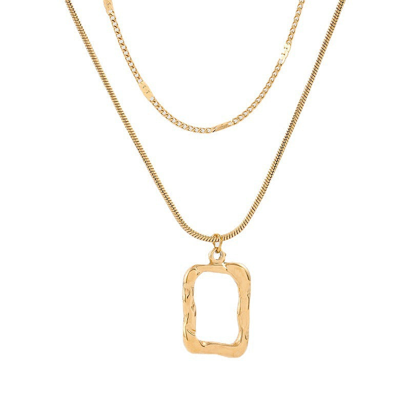 Fashion Square Titanium Steel Layered Necklace with Irregular Pendant - Korean Style