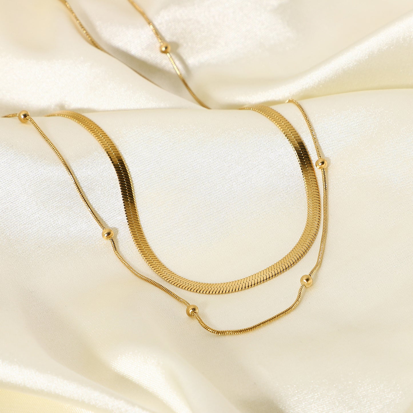 Fashion Stacking 14k Gold Plated Beaded Snake Chain Stainless Steel Choker Necklace