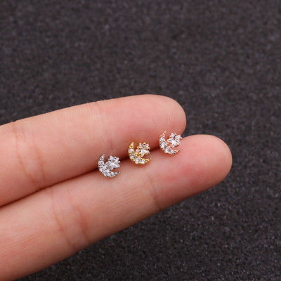 Fashion Stainless Steel Zircon Star Moon Stud Earrings