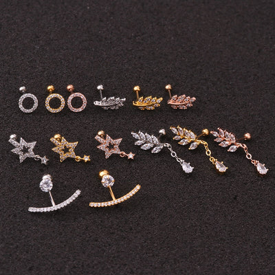 Fashion Stainless Steel Leaf Zircon Screw Pendant Earrings