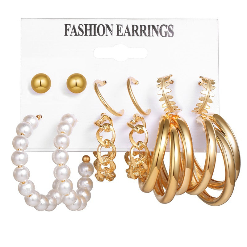 Fashion Geometric Gold Metal & Butterfly Pearl Rhinestone Earrings Set for Women