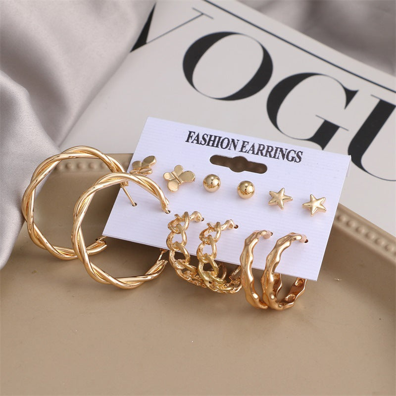 Fashion Geometric Gold Metal & Butterfly Pearl Rhinestone Earrings Set for Women
