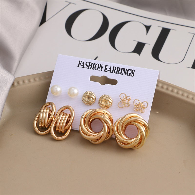 Fashion Geometric Gold Metal & Butterfly Pearl Rhinestone Earrings Set for Women