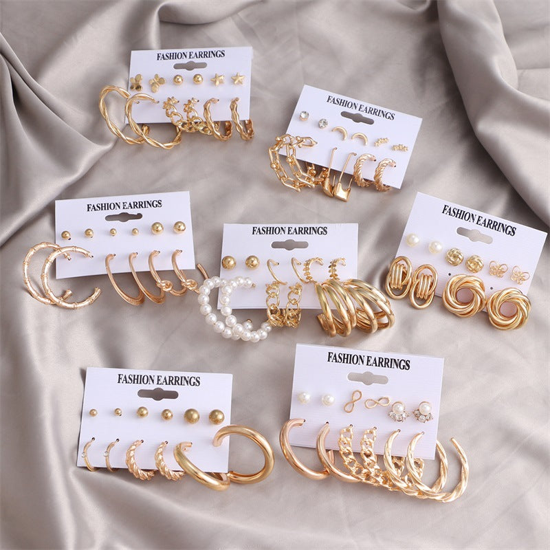 Fashion Geometric Gold Metal & Butterfly Pearl Rhinestone Earrings Set for Women
