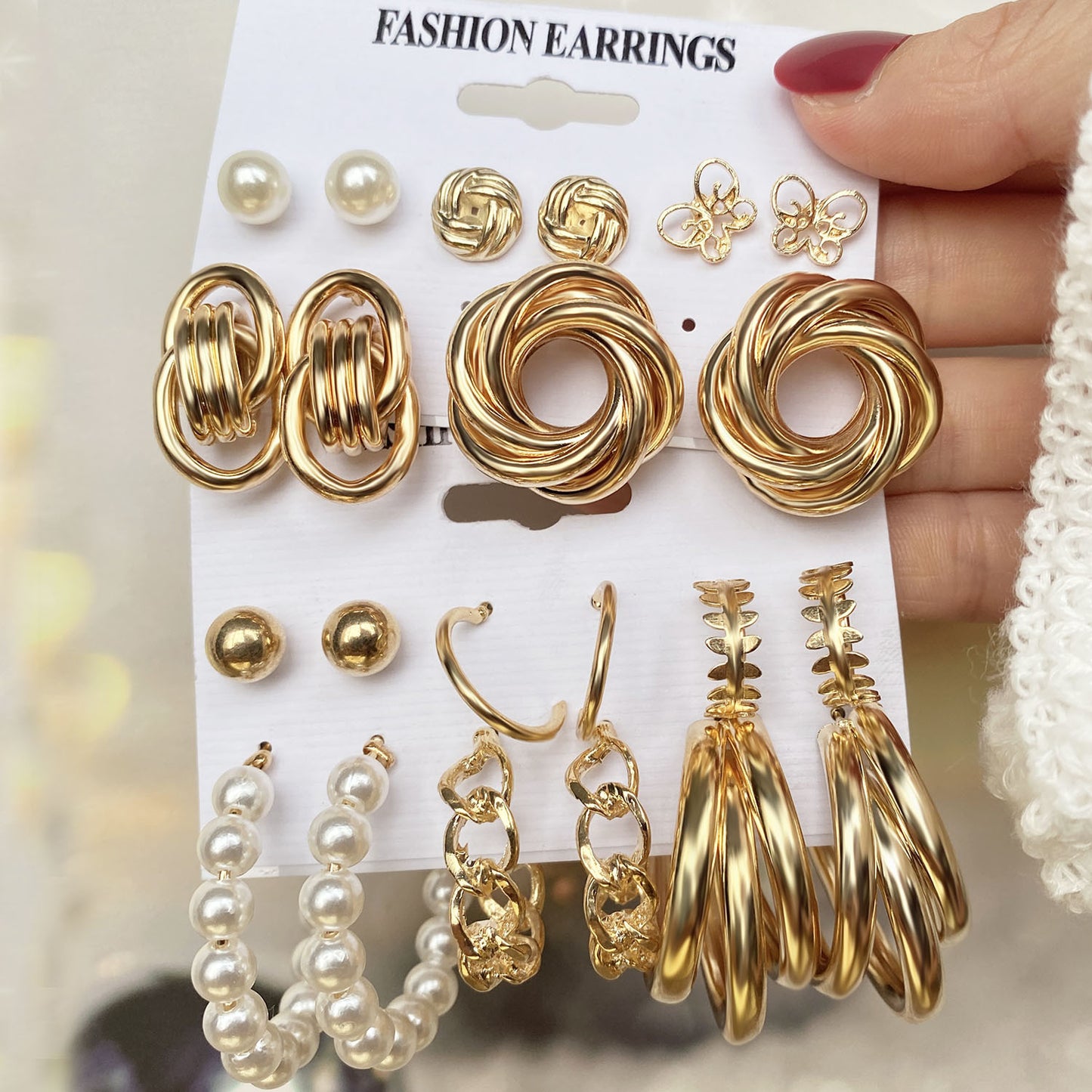 Fashion Geometric Gold Metal & Butterfly Pearl Rhinestone Earrings Set for Women