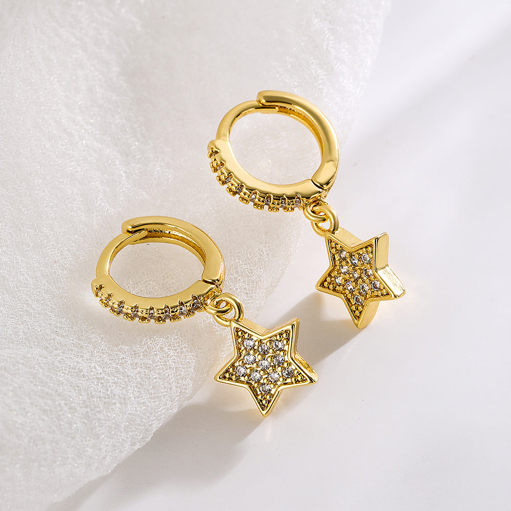 Fashion Star Mini Copper 18k Gold Plated Zircon Star Pendant Earrings for Women