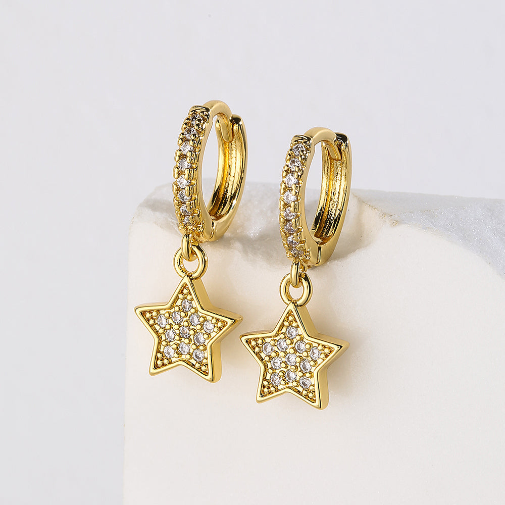 Fashion Star Mini Copper 18k Gold Plated Zircon Star Pendant Earrings for Women