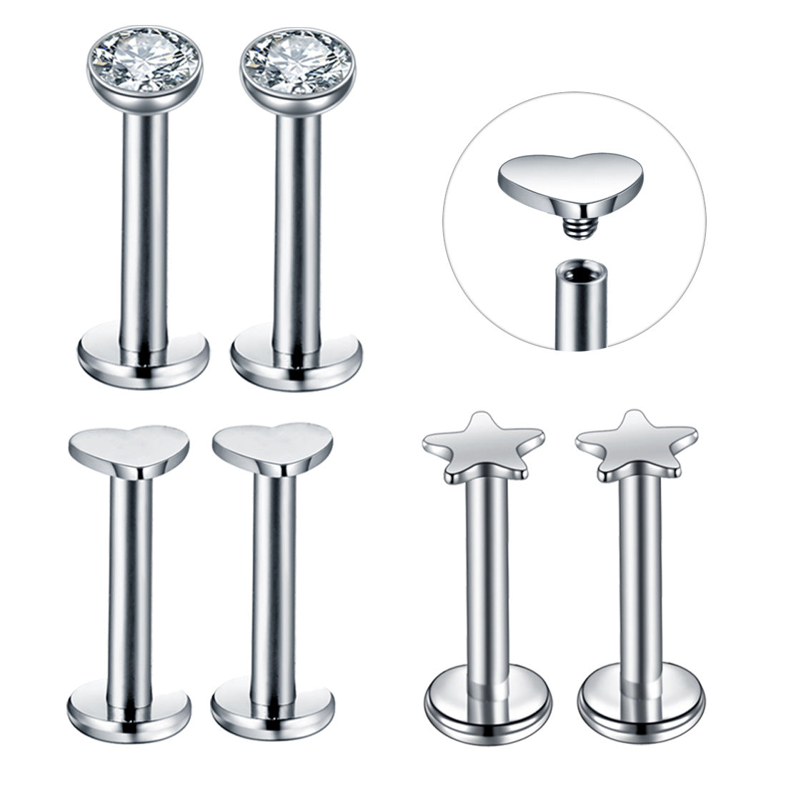 Fashion Star Heart-Shaped Stainless Steel Zircon Lip Stud Piercing Jewelry