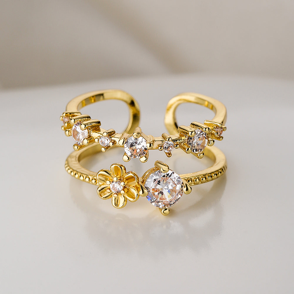 Fashion Geometric Star Moon Flower 18k Gold Plated Zircon Open Ring