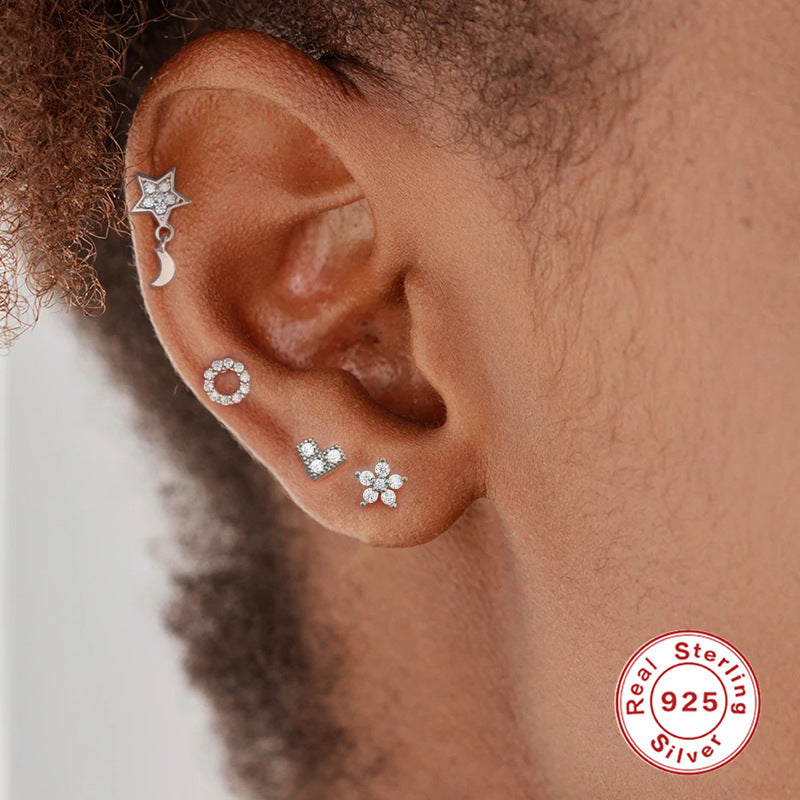 Sterling Silver Star Moon Heart Shaped Stud Earrings