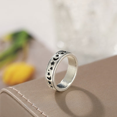 Fashion Stars and Moon Double Rotating 925 Sterling Silver Vintage Ring