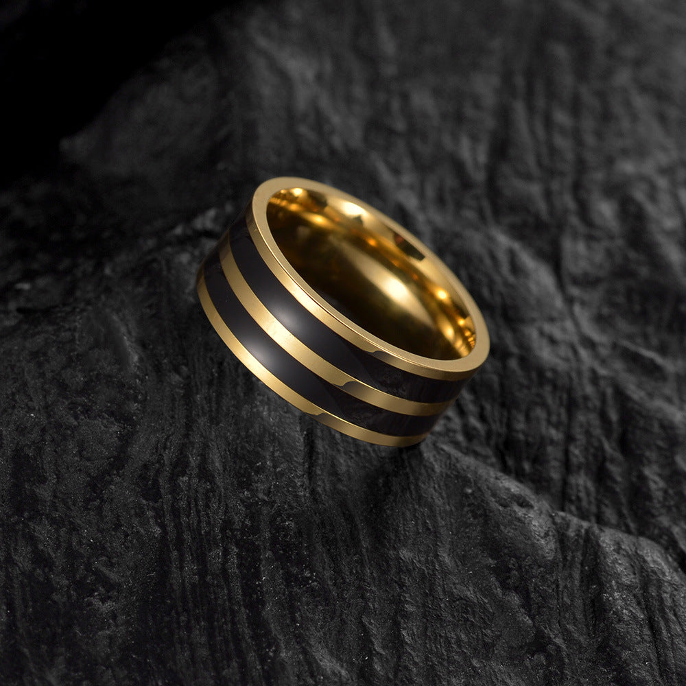 Fashion Stripe Gold-Plated Stainless Steel Men's Ring - 8mm Band
