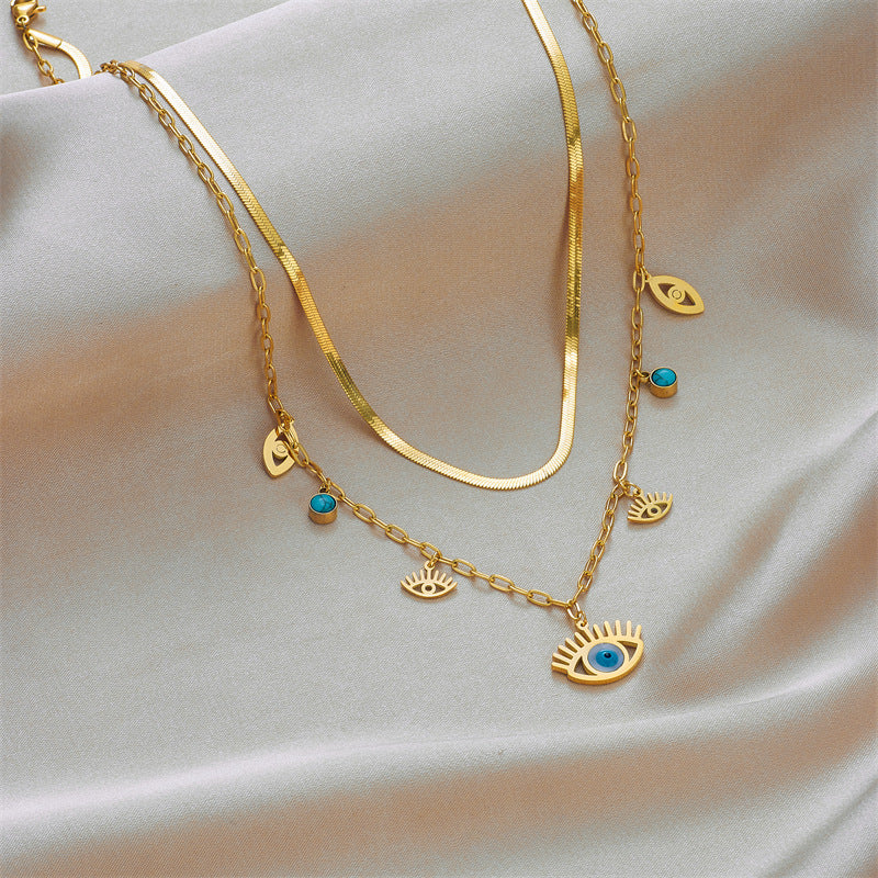 Fashion Turquoise Evil Eye Titanium Steel Layered Necklace