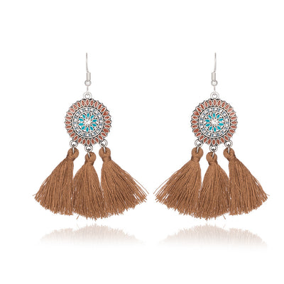 Bohemian Sunflower Tassel Long Alloy Earrings