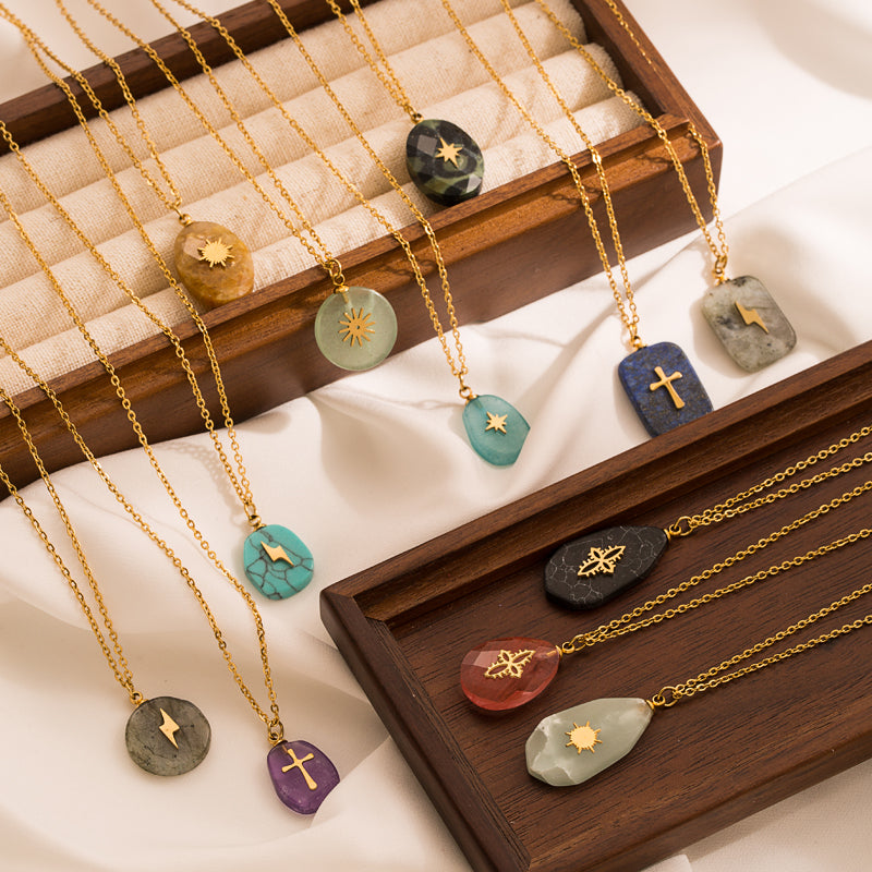 Fashion Stainless Steel Natural Stone Cross Pendant Necklace