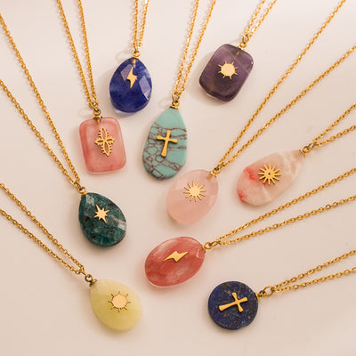 Fashion Stainless Steel Natural Stone Cross Pendant Necklace