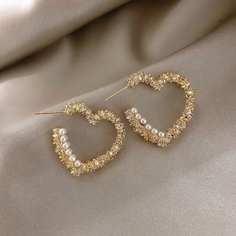 Fashion Metal Heart Pearl Earrings - Hypoallergenic Korean Style Studs