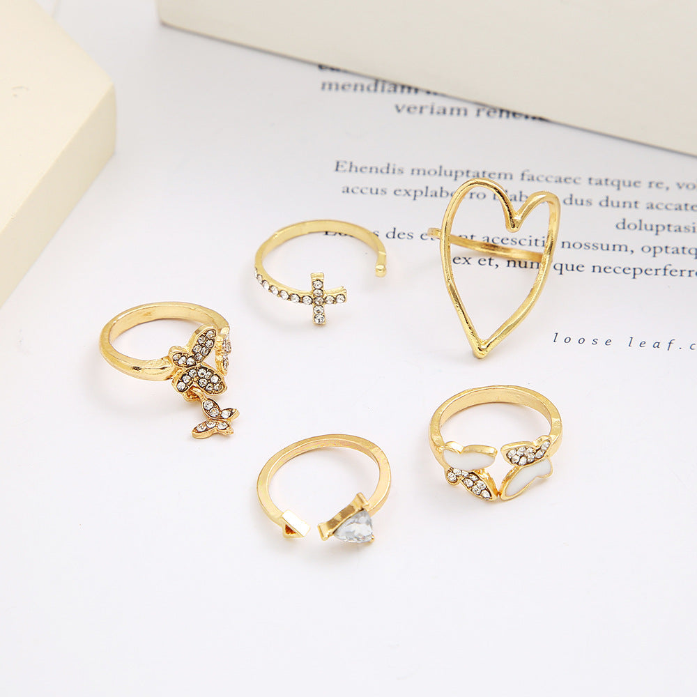 Fashion Triangle Heart & Butterfly Diamond Ring 5-Piece Set - Creative Retro Design