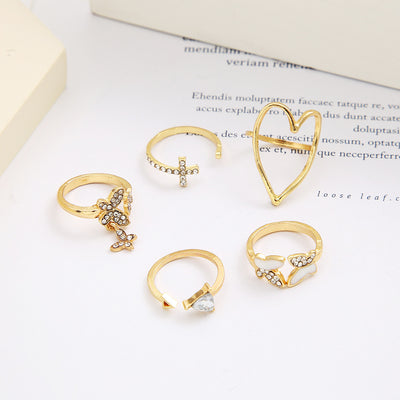 Fashion Triangle Heart & Butterfly Diamond Ring 5-Piece Set - Creative Retro Design