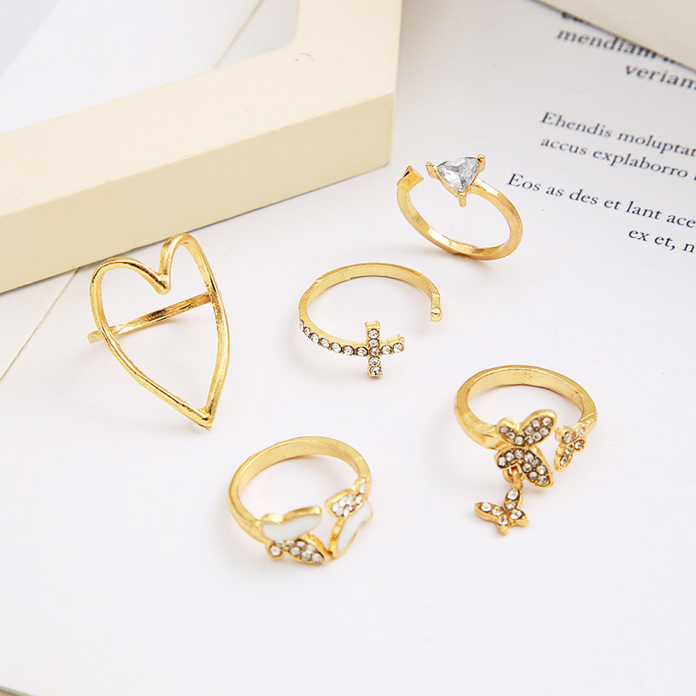 Fashion Triangle Heart & Butterfly Diamond Ring 5-Piece Set - Creative Retro Design