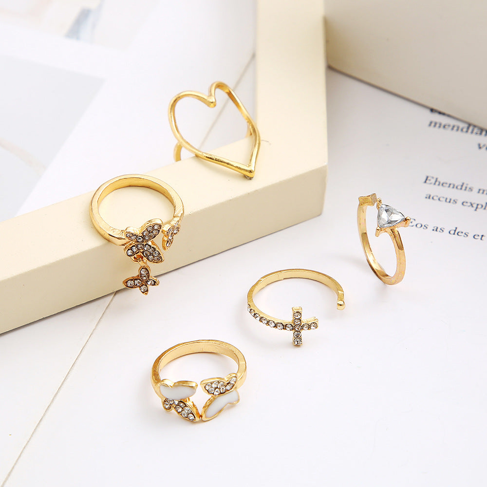 Fashion Triangle Heart & Butterfly Diamond Ring 5-Piece Set - Creative Retro Design