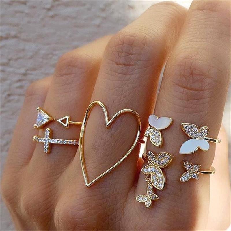 Fashion Triangle Heart & Butterfly Diamond Ring 5-Piece Set - Creative Retro Design