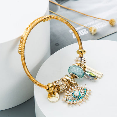 Vintage Colorful Evil Eye Crystal Pendant Gold-Plated Bracelet for Women