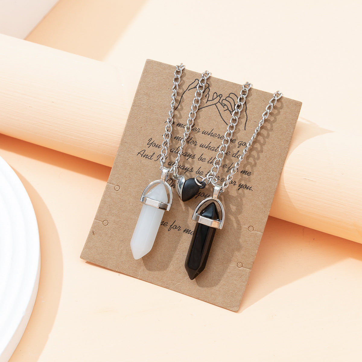 Hexagonal Crystal Quartz Pendant Necklace Set with Water Droplet Gemstone Inlay