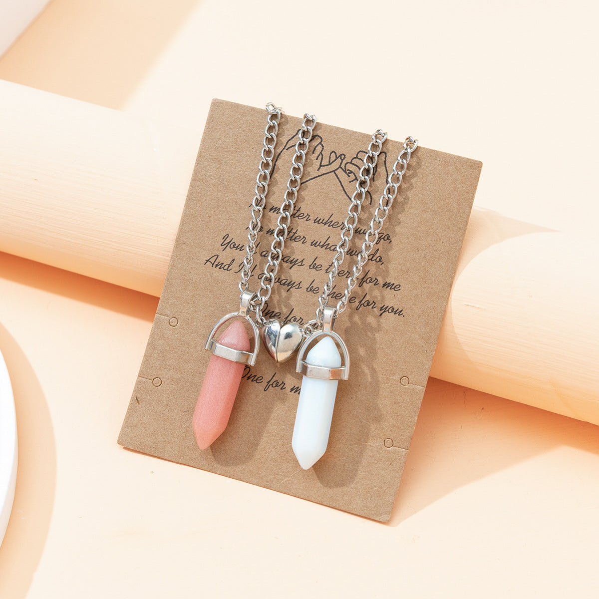 Hexagonal Crystal Quartz Pendant Necklace Set with Water Droplet Gemstone Inlay