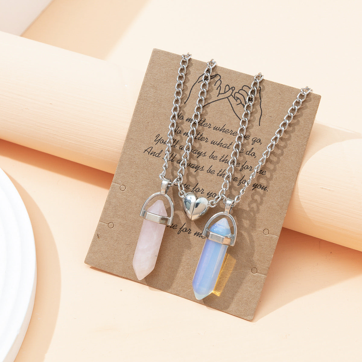 Hexagonal Crystal Quartz Pendant Necklace Set with Water Droplet Gemstone Inlay