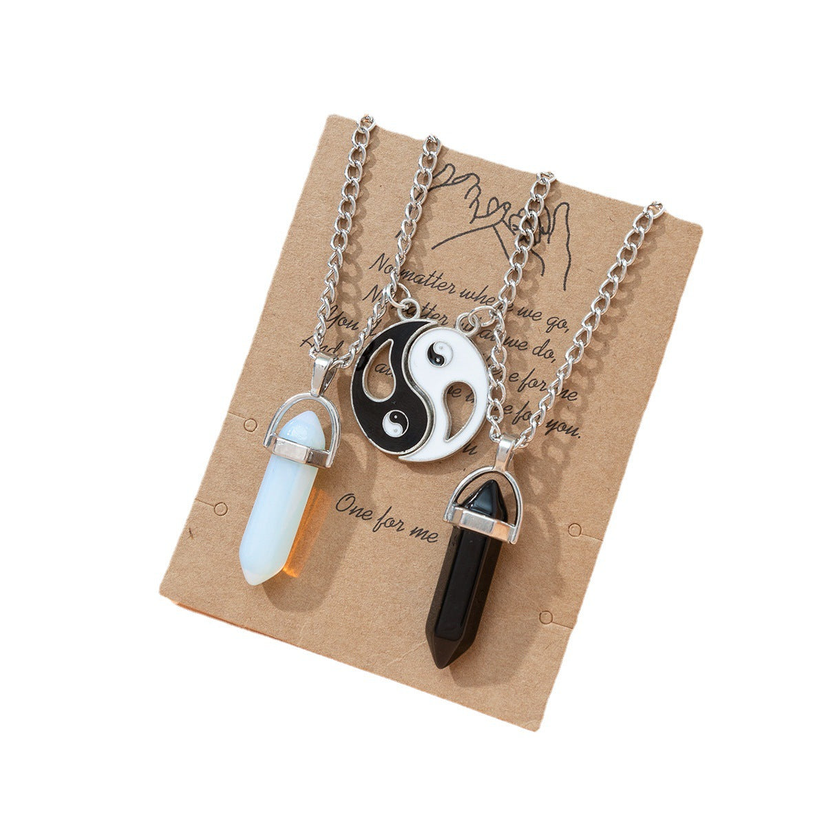 Hexagonal Crystal Quartz Pendant Necklace Set with Water Droplet Gemstone Inlay