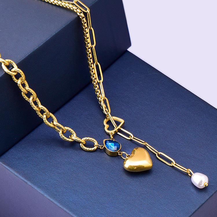 Blue Water Droplet Heart Pendant Necklace with Zircon and Pearl Tassels in Titanium Steel